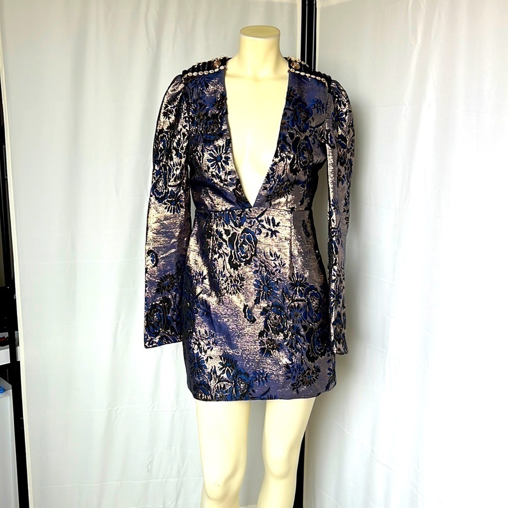 Plunging V-Neck Metallic Blue Floral Mini Dress